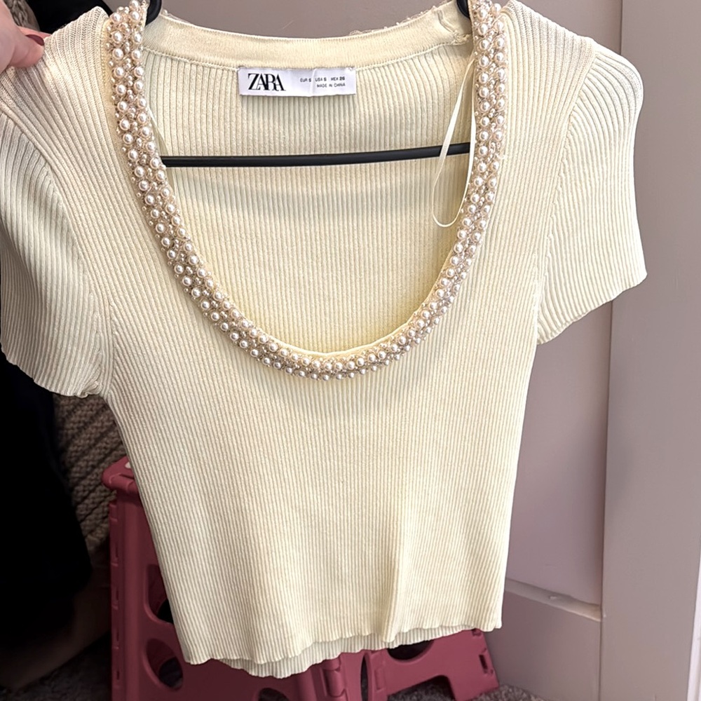 Zara Cream Ribbed Embellished Blouse